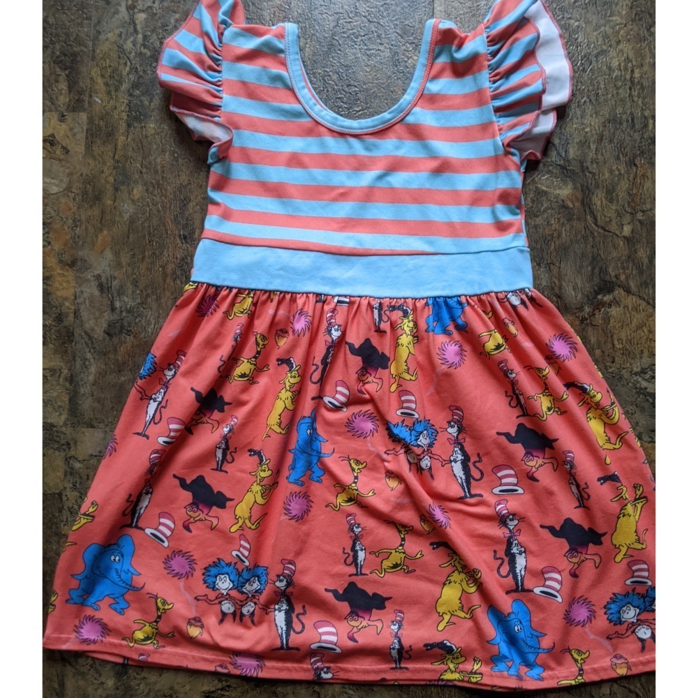 DR. SEUSS Little Girls Dress Horton Lorax Orange Blue Stripes Bow Size 5T - Picture 2 of 3